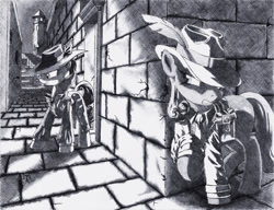 Size: 1600x1228 | Tagged: safe, artist:philo5, cheerilee, rarity, pony, unicorn, black and white, clothes, detective rarity, feather, feather hat, grayscale, hat, monochrome, noir, story in the source