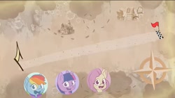 Size: 1227x693 | Tagged: safe, derpibooru import, screencap, fluttershy, rainbow dash, twilight sparkle, pegasus, pony, my little pony: pony life, my little pony: stop motion short, the great race (short), female, map, mare