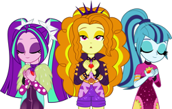 Size: 6000x3802 | Tagged: safe, artist:limedazzle, adagio dazzle, aria blaze, sonata dusk, better together, equestria girls, find the magic, adoragio, ariabetes, clothes, cute, dress, eyes closed, gem, pigtails, ponytail, simple background, singing, siren gem, sonatabetes, taco dress, the dazzlings, the dazzlings have returned, transparent background, twintails, vector