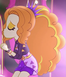 Size: 529x623 | Tagged: safe, screencap, adagio dazzle, better together, equestria girls, find the magic, adoragio, alternate clothes, beautiful, big hair, clothes, cropped, curly hair, cute, dazzlebetes, eyes closed, female, hairband, hands together, jacket, leather jacket, neon, shorts, singing, solo, spiked wristband, waist belt, wristband