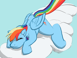 Size: 1280x960 | Tagged: safe, artist:frostclaw, derpibooru import, rainbow dash, pegasus, pony, atg 2020, backwards cutie mark, cloud, cute, dashabetes, newbie artist training grounds, on a cloud, sleeping, sleeping on cloud