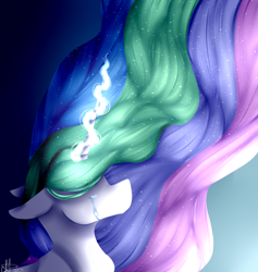 Size: 1800x1900 | Tagged: safe, artist:sheetanii, princess celestia, alicorn, pony, crying, ethereal mane, female, floppy ears, glowing horn, gradient background, hair over eyes, mare, solo, starry mane, windswept mane