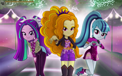 Size: 1920x1200 | Tagged: safe, artist:charliexe, adagio dazzle, aria blaze, sonata dusk, better together, equestria girls, find the magic, adoragio, ariabetes, armband, boots, bracelet, clothes, converse, cute, eyeshadow, female, heart hands, jacket, jewelry, makeup, pigtails, ponytail, shoes, shorts, smiling, sneakers, sonatabetes, spiked wristband, taco dress, the dazzlings, the dazzlings have returned, trio, trio female, twintails, wristband