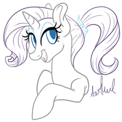 Size: 408x406 | Tagged: safe, artist:srsishere, rarity, pony, unicorn, alternate hairstyle, bust, female, hair tie, limited palette, lineart, looking at you, mare, open mouth, ponytail, simple background, solo, white background