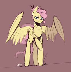 Size: 1874x1886 | Tagged: safe, artist:novabytes, fluttershy, pegasus, pony, alternate hairstyle, brown background, female, hair bun, looking at you, mare, raised hoof, signature, simple background, smiling, solo