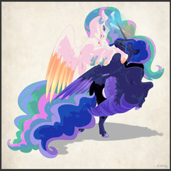 Size: 3000x3000 | Tagged: safe, artist:vlinnyy, princess celestia, princess luna, alicorn, pony, blood, female, fight, looking at each other, mare, rearing, royal sisters, scar