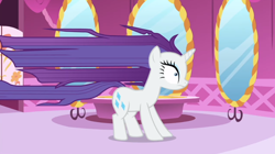 Size: 1092x610 | Tagged: safe, screencap, rarity, pony, unicorn, rarity's biggest fan, female, long mane, long tail, mare, solo, wide eyes