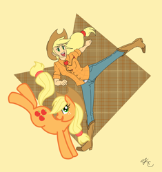 Size: 1164x1240 | Tagged: safe, artist:poefish, applejack, human, pony, human ponidox, humanized