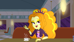 Size: 1920x1080 | Tagged: safe, artist:wubcakeva, adagio dazzle, better together, equestria girls, cafe, clothes, coffee, cup, diner, drink, female, plate, sitting, solo, spiked wristband, table, wristband, youtube thumbnail