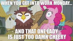 Size: 1920x1080 | Tagged: safe, edit, edited screencap, screencap, gunter, pinkie pie, earth pony, griffon, pony, the lost treasure of griffonstone, backpack, griffonstone, image macro, meme, obligatory pony, when x and y, wide eyes