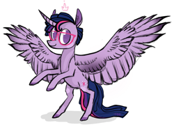 Size: 1280x933 | Tagged: safe, artist:jellybeanbullet, derpibooru import, dusk shine, prince dusk, twilight sparkle, twilight sparkle (alicorn), alicorn, glasses, rearing, rule 63, smiling, solo, spread wings