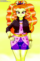 Size: 656x1000 | Tagged: safe, artist:chuyryu, adagio dazzle, equestria girls, equestria girls series, find the magic, sunset's backstage pass!, spoiler:eqg series (season 2), bracelet, clothes, headband, jacket, jewelry, leather jacket, looking at you, nail polish, shorts, simple background, spiked headband, spiked wristband, wristband, yellow background