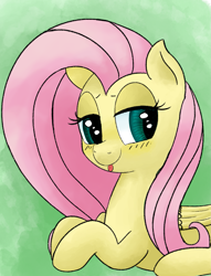 Size: 1273x1669 | Tagged: safe, artist:mang, fluttershy, pegasus, pony, blushing, cute, looking at you, prone, simple background, solo, tongue out