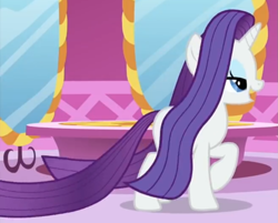 Size: 983x791 | Tagged: safe, edit, edited screencap, screencap, rarity, pony, unicorn, rarity's biggest fan, spoiler:interseason shorts, alternate hairstyle, cropped, female, loose hair, mare, raised hoof, solo