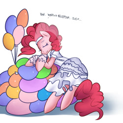 Size: 900x900 | Tagged: artist needed, dead source, safe, artist:slugbox, pinkie pie, earth pony, pony, balloon, balloon sitting, clothes, dress, eyes closed, leaning, simple background, solo, wedding dress