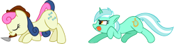 Size: 8654x2188 | Tagged: safe, artist:deadparrot22, artist:mickeymonster, bon bon, lyra heartstrings, sweetie drops, earth pony, pony, unicorn, duo, hat, simple background, sneaking, sneaky, tongue out, transparent background, trowel