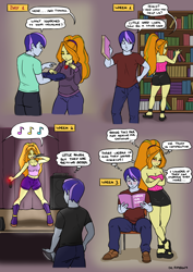 Size: 1240x1748 | Tagged: safe, artist:rambon7, adagio dazzle, oc, equestria girls, armpits, blushing, book, boots, breasts, canon x oc, cleavage, clothes, comic, cute, dazzlebetes, disguise, disguised siren, gem, hoodie, jewelry, legs, lidded eyes, looking back, looking over shoulder, miniskirt, pendant, platform shoes, ponytail, sandals, shoes, shorts, singing, siren gem, skirt, thighs