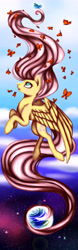 Size: 2048x6565 | Tagged: safe, artist:shkura2011, fluttershy, butterfly, pegasus, pony, absurd resolution, flying, looking up, planet, prehensile tail, profile, solo, spread wings