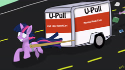 Size: 5760x3240 | Tagged: safe, artist:comradefluffski, derpibooru import, spike, twilight sparkle, dragon, rental truck, u-haul