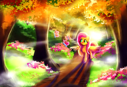 Size: 1505x1041 | Tagged: safe, artist:loveless-nights, fluttershy, butterfly, pegasus, pony, backlighting, crepuscular rays, female, flower, forest, looking at something, mare, outdoors, raised hoof, scenery, solo, spread wings, three quarter view, wings