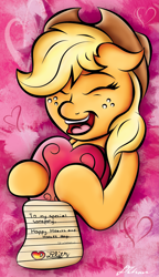 Size: 1555x2695 | Tagged: safe, artist:johesy, applejack, earth pony, pony, eyes closed, hearts and hooves day, present, smiling, solo, valentine's day