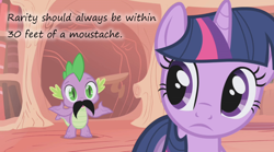 Size: 1150x640 | Tagged: safe, derpibooru import, edit, edited screencap, screencap, spike, twilight sparkle, dragon, boast busters, duo, implied rarity, insane pony thread, moustache, text