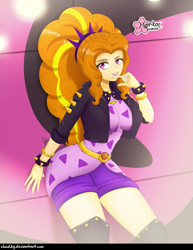 Size: 1073x1387 | Tagged: safe, alternate version, artist:clouddg, adagio dazzle, human, better together, equestria girls, find the magic, adagiazonga dazzle, breasts, clothes, female, human coloration, jacket, lipstick, looking at you, sexy, shorts, solo, spiked wristband, thighs, wristband