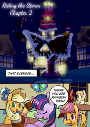 Size: 1024x1448 | Tagged: safe, artist:martinhello, applejack, scootaloo, twilight sparkle, oc, earth pony, pony, comic:riding the storm, alcohol, cider, comic, drunk, drunk aj, drunk twilight, food, night, sugarcube corner