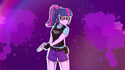 Size: 2560x1440 | Tagged: safe, artist:twilyshimmer, derpibooru import, sci-twi, twilight sparkle, twilight sparkle (alicorn), alicorn, better together, equestria girls, armor, bulletproof vest, clothes, colt m1911, female, gun, plate carrier, shorts, solo, sunglasses, wallpaper, weapon