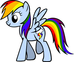 Size: 1200x1011 | Tagged: safe, anonymous artist, derpibooru import, rainbow dash, pegasus, pony, alternate cutie mark, alternate design, female, mare, one hoof raised, one leg raised, rainbow dash presents, simple background, smiling, solo, spread wings, transparent background, walking, wings