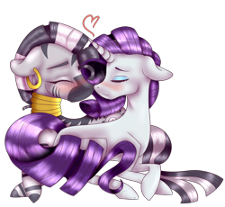 Size: 3493x3217 | Tagged: safe, artist:articfoxdraws, rarity, zecora, pony, unicorn, zebra, blushing, cute, ear piercing, earring, eyes closed, eyeshadow, female, heart, hooves, interspecies, jewelry, lesbian, makeup, mare, neck rings, nuzzling, piercing, raribetes, raricora, shipping, simple background, transparent background, zecorable
