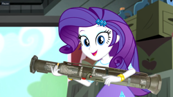 Size: 1600x900 | Tagged: safe, artist:dwk, edit, edited screencap, screencap, rarity, equestria girls, rainbow rocks, at4, rocket launcher, solo, totally legit recap