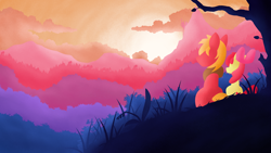 Size: 1920x1080 | Tagged: safe, artist:simonk0, derpibooru import, apple bloom, big macintosh, earth pony, pony, bow, brother and sister, duo, female, filly, foal, hair bow, hooves, lineless, male, siblings, silhouette, sitting, stallion, sunset, tree, wallpaper