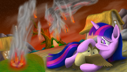 Size: 3840x2160 | Tagged: safe, artist:the1xeno1, derpibooru import, owlowiscious, twilight sparkle, twilight's kingdom, crying, destroyed, golden oaks library, scene interpretation