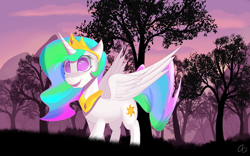 Size: 3840x2400 | Tagged: safe, artist:creepypastapon3, princess celestia, alicorn, pony, colored pupils, forest, scenery, smiling, solo, sunrise