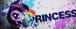 Size: 1050x413 | Tagged: safe, artist:astril, derpibooru import, rainbow dash, twilight sparkle, unicorn twilight, pegasus, pony, unicorn, abstract background, bust, choker, duo, ear piercing, earring, eyelashes, eyeliner, eyes closed, horn, horn ring, jewelry, makeup, open mouth, piercing, punk, smiling, smirk, spiked choker