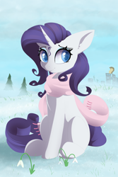 Size: 4376x6552 | Tagged: safe, artist:posionjoke, rarity, pony, unicorn, absurd resolution, city, clothes, crystaller building, female, flower, hooves, horn, lineless, manehattan, mare, scarf, sitting, solo, tree