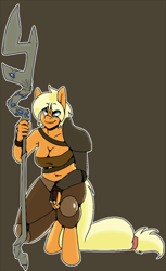 Size: 460x750 | Tagged: safe, artist:koportable, applejack, anthro, unguligrade anthro, runescape, solo, staff, verac the defiled