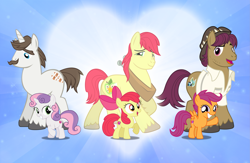 Size: 3457x2252 | Tagged: safe, artist:andoanimalia, artist:cheezedoodle96, artist:dashiesparkle, artist:thebosscamacho, derpibooru import, edit, apple bloom, bright mac, hondo flanks, scootaloo, snap shutter, sweetie belle, cutie mark crusaders, father and child, father and daughter, female, high res, like father like daughter, male, parent and child, wallpaper, wallpaper edit