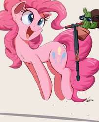 Size: 2500x3082 | Tagged: safe, artist:ncmares, pinkie pie, earth pony, pony, cactus, chest fluff, cute, diapinkes, female, fluffy, jumping, mare, open mouth, pogo stick, smiling, sunglasses