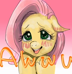 Size: 1583x1618 | Tagged: safe, artist:xkaix2501, fluttershy, pegasus, pony, 30 minute art challenge, awww, blushing, bust, cute, daaaaaaaaaaaw, diabetes, hooves up, looking at you, pixiv, portrait, shyabetes, smiling, solo, squee, text