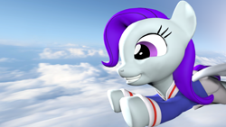 Size: 3840x2160 | Tagged: safe, artist:awgear, derpibooru import, oc, oc:morning glory (project horizons), pegasus, pony, fallout equestria, fallout equestria: project horizons, 3d, 4k, clothes, cloud, cute, fanfic art, flying, gray coat, happy, purple eyes, purple mane, purple tail, school uniform, skirt, sky, source filmmaker, wallpaper