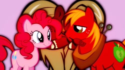 Size: 1280x720 | Tagged: safe, derpibooru import, big macintosh, pinkie pie, earth pony, pony, female, flower in mouth, heart pony, male, pinkiemac, rose, rose in mouth, shipping, straight, wallpaper, yoke