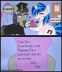 Size: 1024x1183 | Tagged: safe, artist:st0pgorgeousx, dj pon-3, octavia melody, vinyl scratch, earth pony, pony, comic, cupcake, female, graduation, lesbian, scratchtavia, shipping