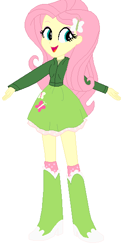 Size: 297x560 | Tagged: safe, fluttershy, equestria girls, boots, clothes, cute, green, high heel boots, hoodie, jacket, simple background, skirt, socks, solo, white background