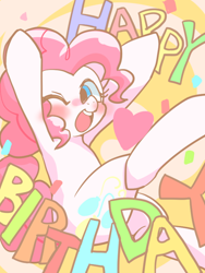 Size: 600x800 | Tagged: safe, artist:monon0, pinkie pie, earth pony, pony, abstract background, confetti, cute, female, happy, happy birthday, heart, looking at you, mare, one eye closed, open mouth, solo, wink