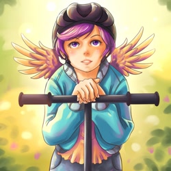 Size: 800x800 | Tagged: safe, artist:ninjaham, scootaloo, human, clothes, cute, cutealoo, helmet, humanized, jacket, pony coloring, scooter, solo, winged humanization