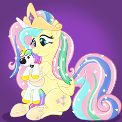 Size: 1037x1035 | Tagged: safe, artist:hornbuckle, fluttershy, princess celestia, pegasus, pony, cosplay, costume, cute, female, mare, plushie, rubber pony, shyabetes, shylestia, simple background, sitting, smiling, toy