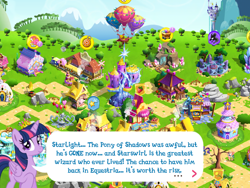 Size: 2048x1536 | Tagged: safe, apple bloom, pony of shadows, princess celestia, radiance, rarity, somnambula, star swirl the bearded, twilight sparkle, twilight sparkle (alicorn), alicorn, pony, unicorn, carousel boutique, female, game, game screencap, gameloft, mare, ponehenge, ponyville, power ponies, solo, speech bubble, twilight's castle