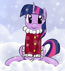 Size: 1001x1102 | Tagged: safe, artist:hip-indeed, derpibooru import, twilight sparkle, clothes, coat, snow, snowfall, solo